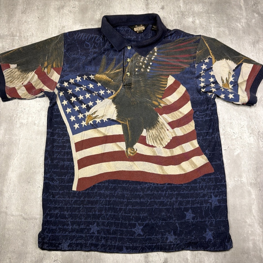 Vintage Field Tested Guide Gear USA Flag Polo Shirt Patriotic Eagle AOP Large